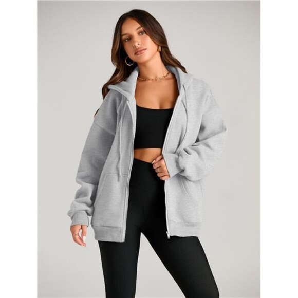 Women's Oversized Drawstring Zip-Up Hoodie Fall Jacket with Pocket - Picture 4 of 7